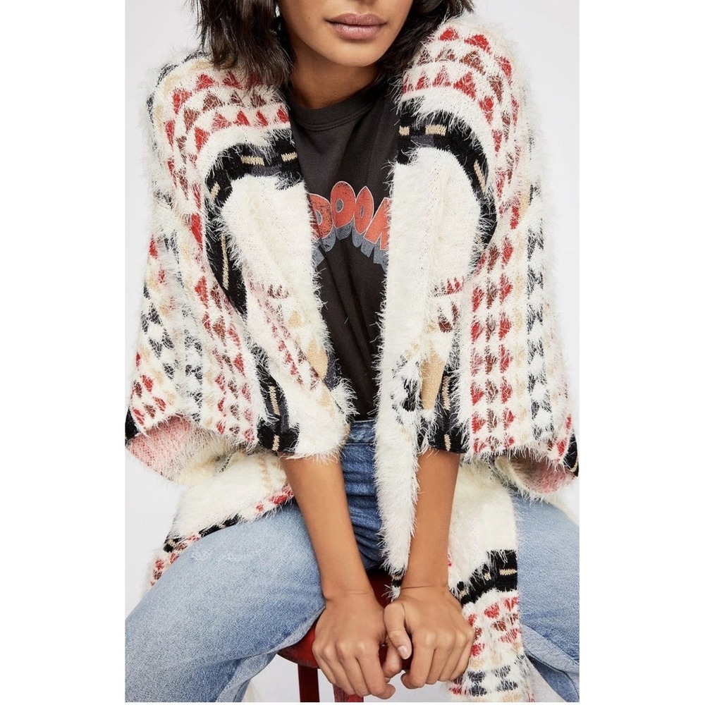 Free‎ People Canyonland Kimono Aztec Eyelash Knit Cozy Sweater Bohemian Fuzzy